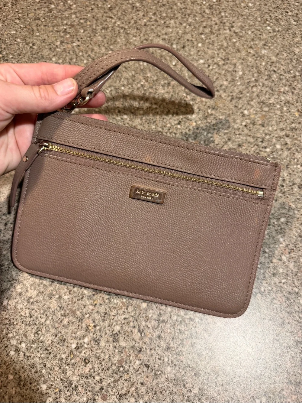 kate spade Taupe Saffiano Wristlet Clutch with Gold Hardware